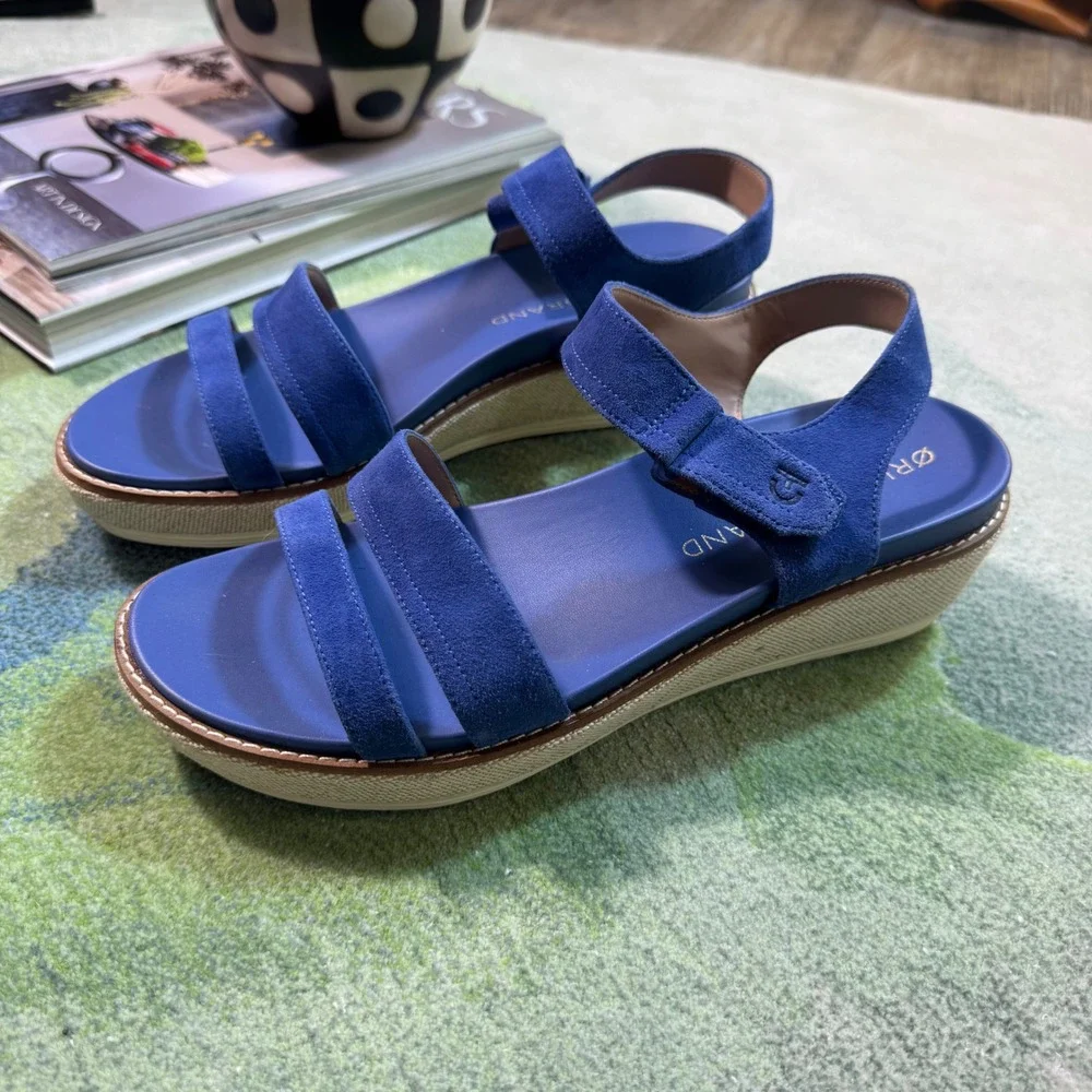 Cole Haan OriginalGrand Blue Suede Platform Wedge Sandals W32542 Womens 8.5 B